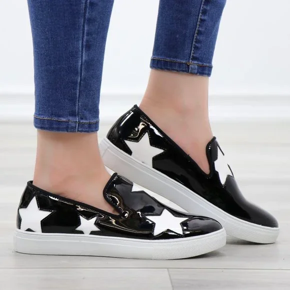 Black With White Stars Patent Sneakers Shoes - Picture 1 of 11